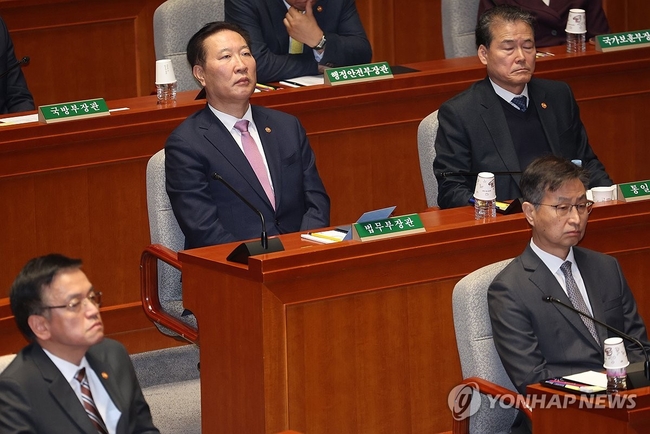 지난달 29일 국회에서 열린 예산결산특별위원회 전체회의에 참석한 박성재 법무장관(가운데) 【연합뉴스 자료사진】