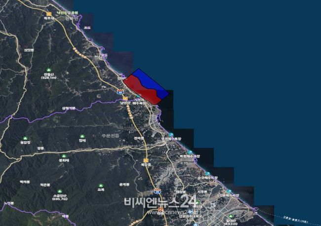 양양 남애1리 ~ 강릉 소돌해변 침식관리구역 위치(적색: 핵심관리구역 / 청색: 완충관리구역)