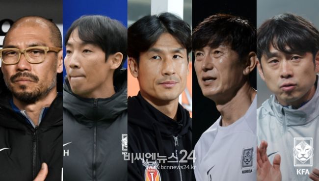 3월 월드컵 2차 예선 기간 국가대표팀 코치진. 왼쪽부터 김영민 수석코치, 조용형 코치, 정조국 코치, 김일진 골키퍼코치, 이재홍 피지컬코치.