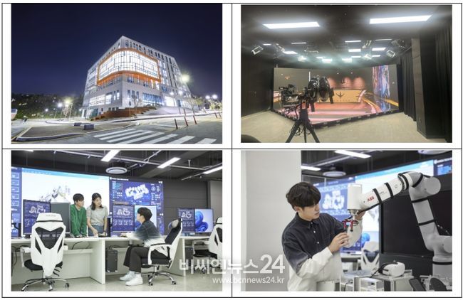 (상단 왼쪽부터) 한국기술교육대 다담 미래학습관 전경, XR스튜디오, 스마트러닝팩토리 관제센터에서 학생들이 실습하는 장면