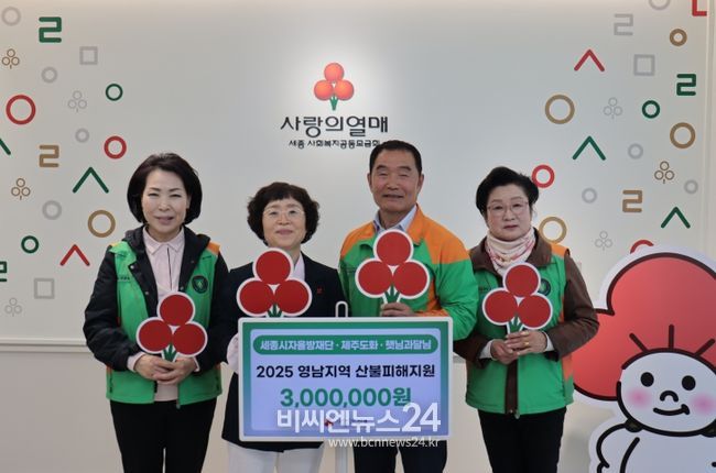 세종시자율방재단연합회가 영남산불 특별성금 100만원을, 세종시 연서면에 위치한 제주도화 카페 100만원, 햇님과 달님 식당 100만원 등 총 300만원을 기탁했다. 양길수 연합회장은 산불성금 기탁에 제주도화, 햇님과달님 식당에서도 성금을 전해주셔서 함께 전달하게 됐다고 밝혔다.