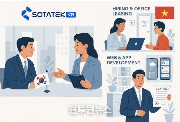 한국 기업과 SotaTek이 하노이 사무실에서 미팅을 진행하는 모습, 한국 고객사를 위해 SotaTek이 개발한 앱 화면, 그리고 베트남 진출 초기 단계에서 기업을 지원하는 인력 모습이 담겨 있다. (출처: OpenAI 챗GPT)