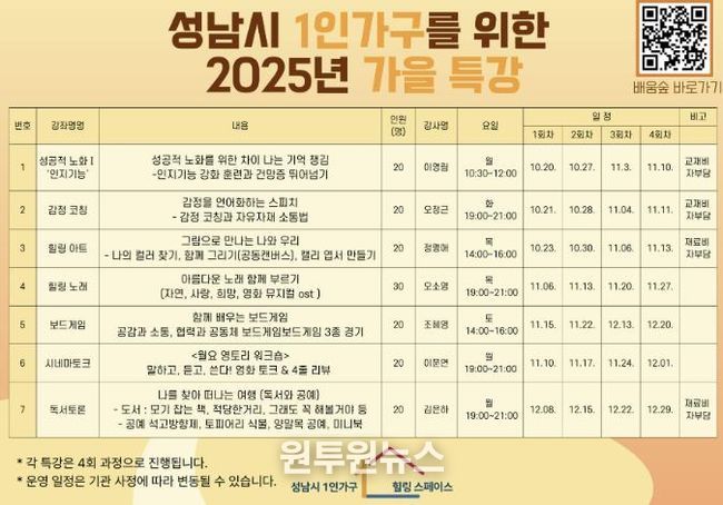 성남시, 1인가구 위한 ‘문화·정서·예술’ 7개 과목 특강 안내 리플릿