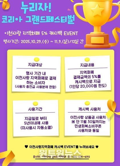 이천사랑지역화폐, 캐시백 5% 이벤트…누리자! 코리아그랜드페스티벌