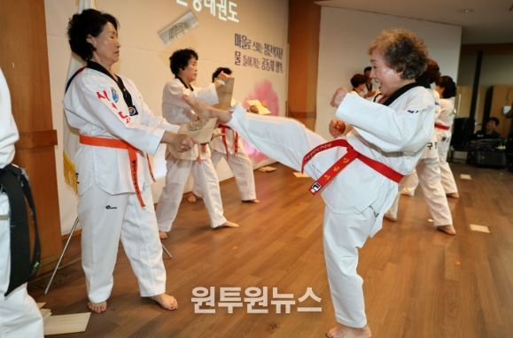 23일 첨단종합사회복지관에서 열린 문화예술제에서 태권도 회원들이 역량을 뽐내고 있다.