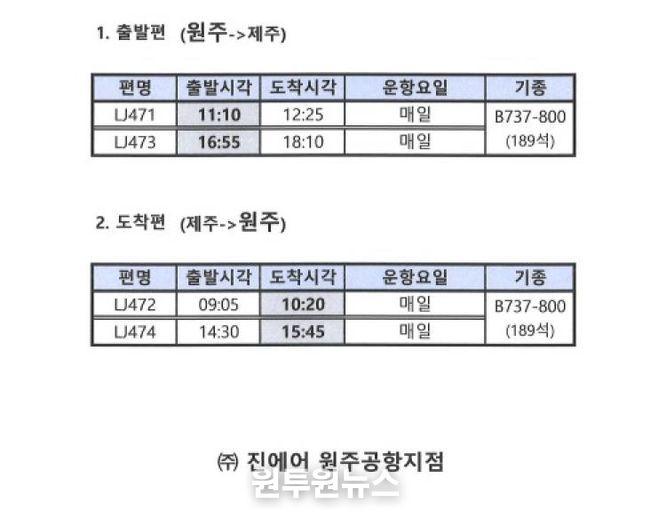 2025년 원주공항 동계 운항 일정