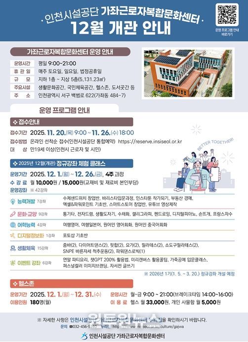 공단은 26일 가좌근로자복합문화센터를 개관식을 갖고 12월부터 정규강좌 체험 클래스를 운영한다