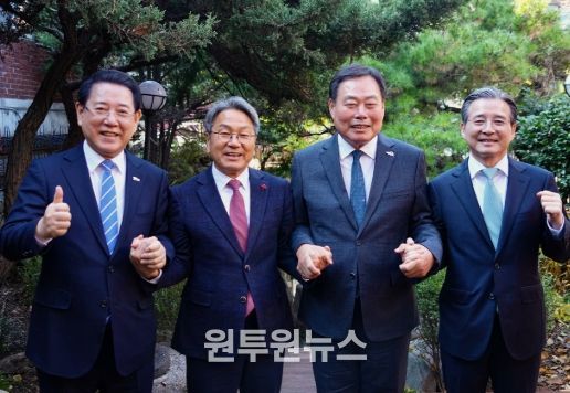 4자 사전협의에 참석한 김영록 전남지사, 강기정 광주시장, 김산 무안군수, 김용범 대통령실 정책실장