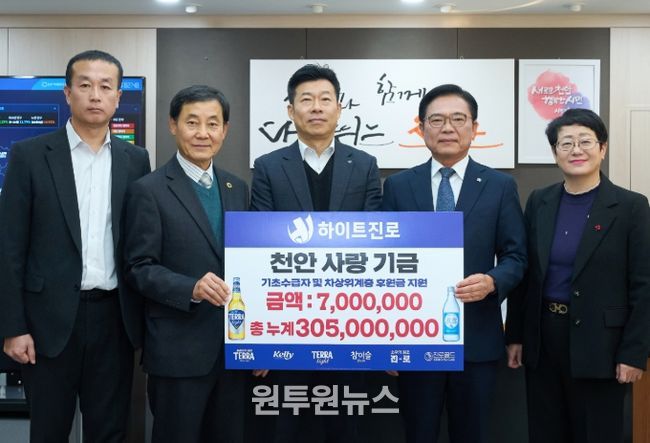 1. 하이트진로 천안지점이 20일 취약계층 주민을 위한 후원금을 전달하고 있다.