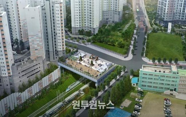 도로교와 녹지교로 이루어져 있는 가칭 북아현 과선교 조감도