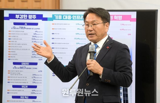 강기정 광주광역시장이 지난 3일 오후 시청 비즈니스룸에서 2026년 국비예산 관련 기자회견을 하고 있다