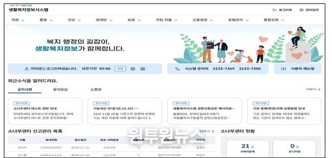 생활복지정보시스템내 메인화면
