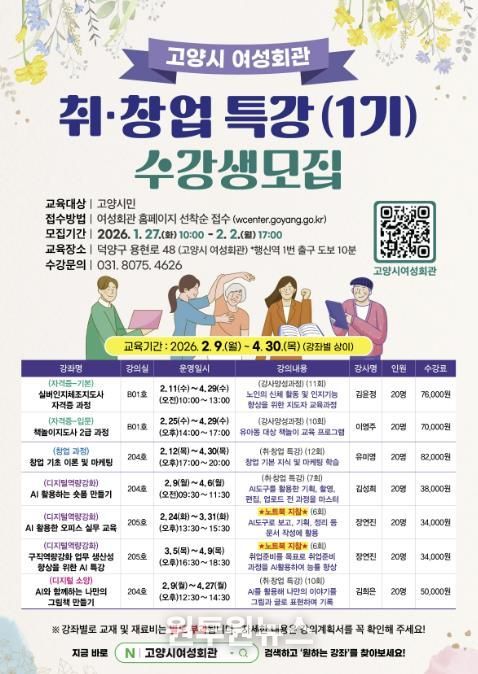고양시 여성회관 ‘2026년 취창업 특강(1기) 수강생 모집’ 안내문