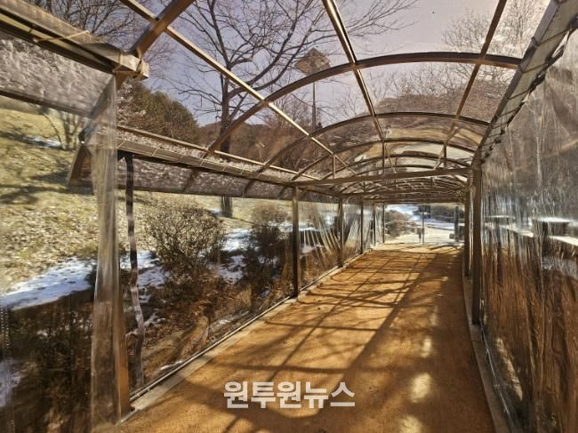 병목안시민공원 맨발산책길에 설치한 지붕 캐노피와 방한 비닐막 사진