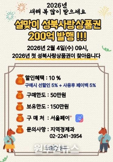 성북구, 설 앞두고 200억 원 규모 성북사랑상품권 발행