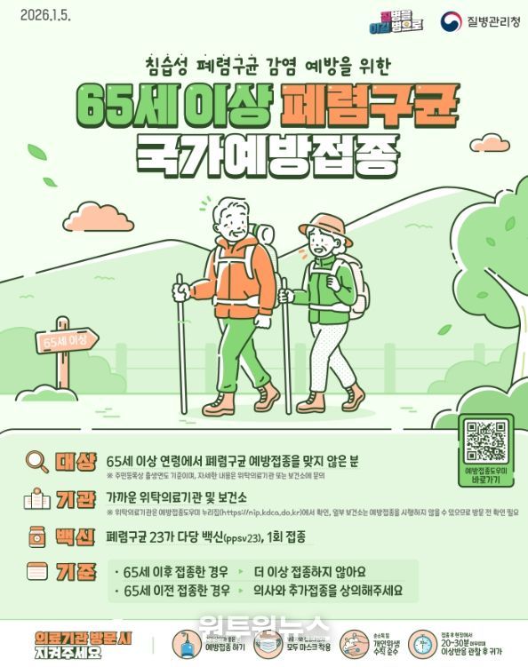 65세 이상 폐렴구균 무료 예방접종 받으세요!