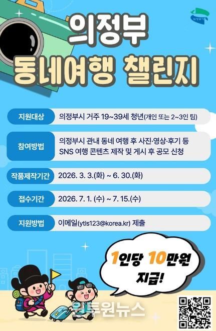 의정부시, 청년 동네여행 챌린지 공모…'우리동네 여행하고 1인당 10만 원 받기'