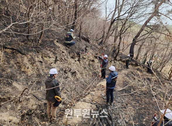 산림청은 경상남도 함양군과 밀양시의 산불 피해지역에 대해 2차 피해 예방을 위한 긴급진단을 하고있다
