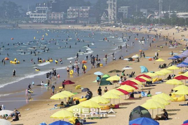 여름철 성수기 만리포해수욕장 모습.