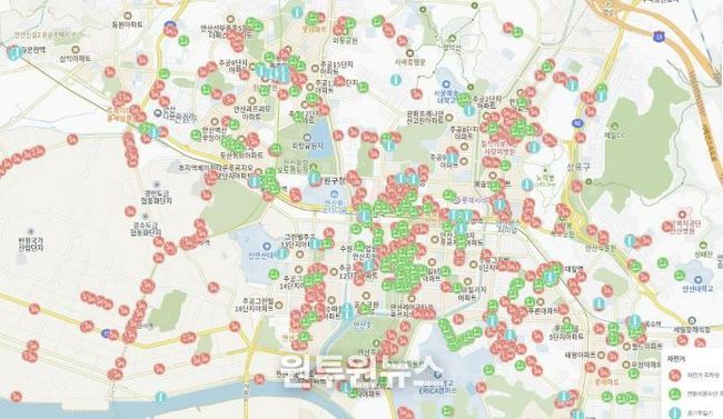 안산시 생활정보지도에 표시된 '자전거 편의시설 위치정보' 사진