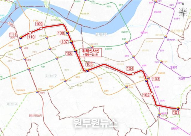 위례신사선 도시철도 노선도 (※ 정거장 위치 등은 개략적인 것이며 향후 사업계획 수립, 공사 단계 등에서 조정될 수 있음)