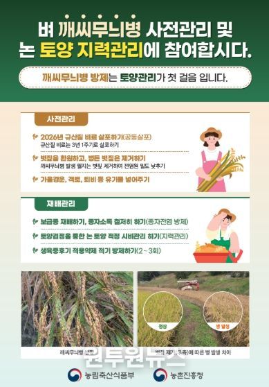 벼 깨씨무늬병 사전 관리 및 논 토양 지력 관리 방법 안내문