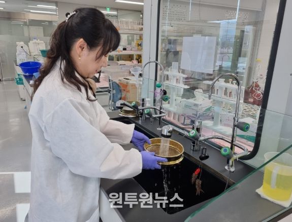 농산물안전분석센터 토양검정 담당자가 체가름법으로 성토토양 모래함량을 분석하고 있는 모습