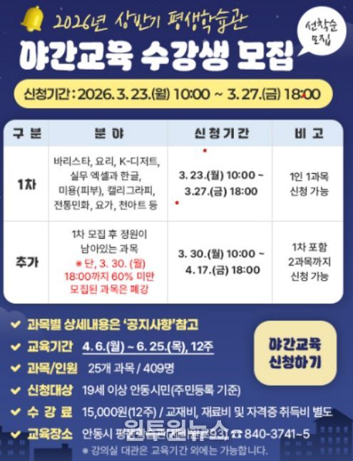 안동시 평생학습관, 상반기 야간교육 수강생 모집