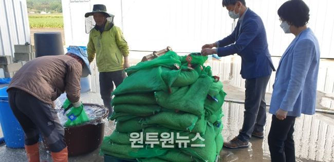 강진군 농업기술센터 관계자들이 볍씨 파종현장에서 농가를 지도하고 있다